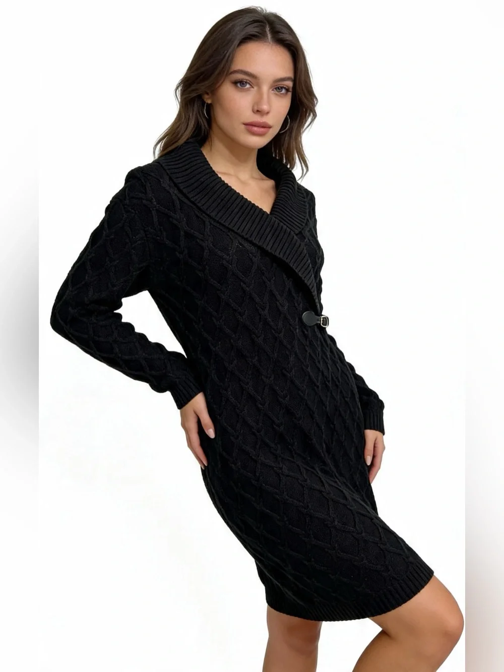 Calvin Klein Black Cable-Knit Shawl-Collar Sweater Dress size L